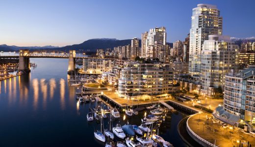 False Creek and Vancouver skyline at dusk.
British Columbia, Canada.